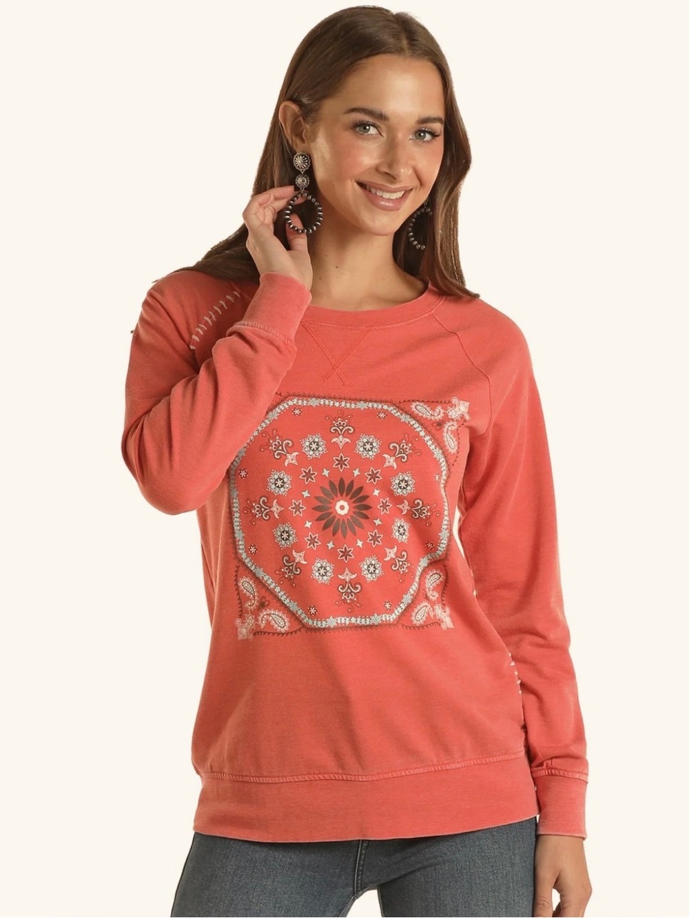 Panhandle Coral Pullover Sweatshirt with Bandana Print